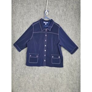 Susan Graver Style Top P2X Blue 3/4 Sleeve‎ Button Front White Stitch Pockets